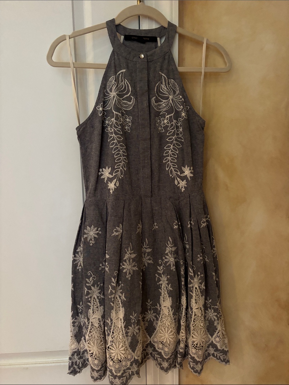 Cynthia Steffe Charcoal Gray Halter Embroidered Mini Dress